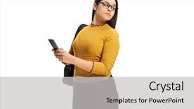  Presentation with backpack - Slides having schoolgirl peeking - female teenage student background and a light gray colored foreground