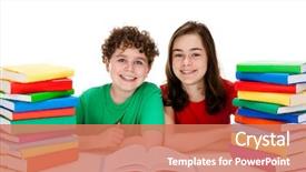  Presentation with kids sleep children books - Theme consisting of schoolgirl peeking - kids and pile of books background and a coral colored foreground