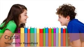  Presentation with kids sleep children books - Beautiful PPT theme featuring schoolgirl peeking - kids and pile of books backdrop and a coral colored foreground