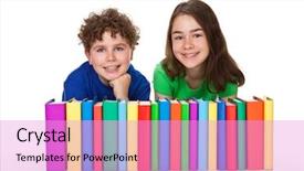  Presentation with kids sleep children books - PPT theme with schoolgirl peeking - kids behind pile of books background and a  colored foreground