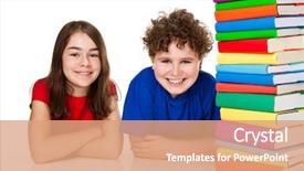  Presentation with kids - Colorful slide set enhanced with schoolgirl peeking - kids behind pile of books backdrop and a  colored foreground