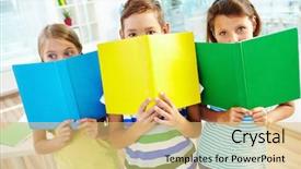  Presentation with classmates - Colorful slide set enhanced with schoolgirl peeking - portrait of happy classmates backdrop and a yellow colored foreground