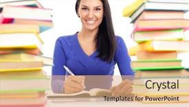  Presentation with smiling little girl - Slide deck enhanced with schoolgirl peeking - smiling student girl between two background and a  colored foreground