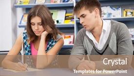  Presentation with student writing - Amazing slides having schoolgirl peeking - student cheating at exam looking backdrop and a coral colored foreground