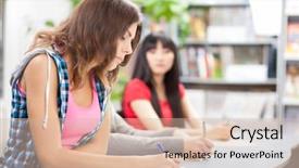  Presentation with student-writing - Audience pleasing theme consisting of schoolgirl peeking - student cheating at exam looking backdrop and a lemonade colored foreground