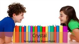  Presentation with pile - Beautiful PPT theme featuring schoolgirl peeking - students sitting behind pile backdrop and a  colored foreground