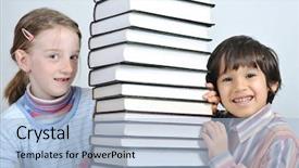  Presentation with pile - Audience pleasing PPT theme consisting of schoolgirl peeking - students sitting behind pile backdrop and a  colored foreground