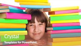  Presentation with pile - Presentation design consisting of schoolgirl peeking - teenager girl sitting behind pile background and a  colored foreground