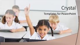  Presentation with classroom - Audience pleasing PPT theme consisting of schoolgirl raising hand in classroom backdrop and a sky blue colored foreground