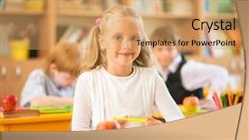  Presentation with school community relations by edward moore - Colorful slide deck enhanced with schoolgirl sitting behind school desk backdrop and a coral colored foreground