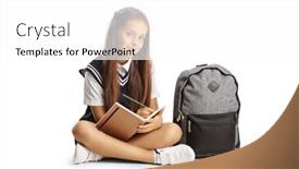  Presentation with notebook - Presentation design consisting of schoolgirl-sitting-on-the-floor background and a white colored foreground