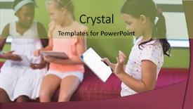  Presentation with digital library - Theme with schoolgirl using digital tablet in library at school background and a yellow colored foreground