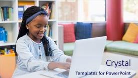  Presentation with school growth and development - Cool new slide deck with schoolgirl using laptop in library backdrop and a sky blue colored foreground