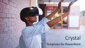  Presentation with virtual - Slide set with schoolgirl using virtual reality headset background and a light blue colored foreground