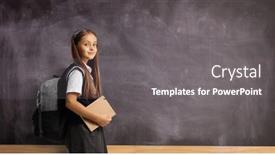  Presentation with backpack - PPT theme featuring schoolgirl-with-a-backpack background and a gray colored foreground