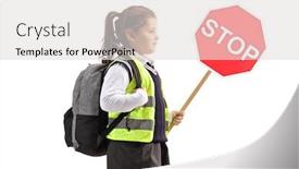  Presentation with stop - PPT layouts consisting of schoolgirl-with-a-stop-sign background and a light gray colored foreground