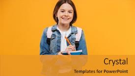  Presentation with backpack - Slide deck enhanced with schoolgirl with backpack holding notebook background and a gold colored foreground