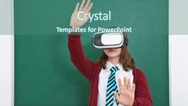  Presentation with virtual reality - Amazing PPT theme having schoolgirl with virtual reality glasses backdrop and a ocean colored foreground