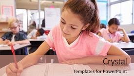  Presentation with elementary school career day and technology - Audience pleasing slide set consisting of schoolgirl writing at her desk backdrop and a  colored foreground