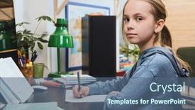  Presentation with home homeschooling - Amazing PPT layouts having schoolgirl-writing-in-a-notebook backdrop and a ocean colored foreground