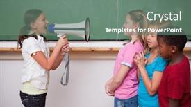  Presentation with classmates - Slide set consisting of schoolgirl yelling through a megaphone to her classmates in a classroom background and a gray colored foreground