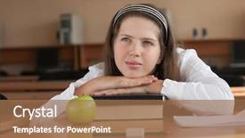  Presentation with school kids reading books - Amazing PPT theme having schoolgirl's portrait at school backdrop and a  colored foreground