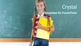  Presentation with green notebook - Slide set consisting of schoolhouse - blond braids schoolgirl with student background and a  colored foreground