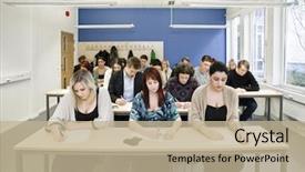  Presentation with classroom - PPT theme featuring e-book reader touchpad background and a  colored foreground.