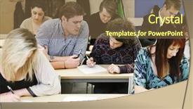  Presentation with classroom - Presentation design with schoolhouse - large group of young adults background and a tawny brown colored foreground