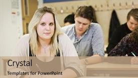  Presentation with young college student diagnosis of sti - Slide set with schoolhouse - portrait of a young woman background and a coral colored foreground