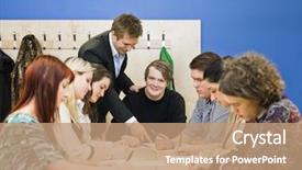  Presentation with adult teaching - Slide set having schoolhouse - teacher and young adult students background and a  colored foreground