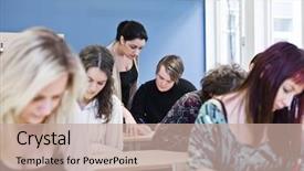  Presentation with students - Presentation theme featuring schoolhouse - teacher and young adult students background and a coral colored foreground