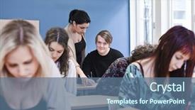  Presentation with teacher and students - Presentation theme consisting of schoolhouse - teacher and young adult students background and a  colored foreground