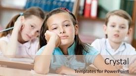  Presentation with school desk - Colorful PPT layouts enhanced with schoolhouse - tired beautiful schoolgirl dreams backdrop and a  colored foreground