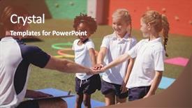  Presentation with coach chalk - Audience pleasing PPT theme consisting of schoolkids forming handstack in schoolyard backdrop and a red colored foreground