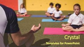  Presentation with yoga in school - Audience pleasing slide set consisting of schoolkids practicing yoga in schoolyard backdrop and a tawny brown colored foreground