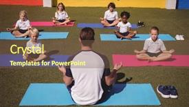  Presentation with benefits of yoga - Presentation featuring schoolkids practicing yoga in schoolyard background and a tawny brown colored foreground