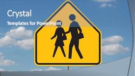  Presentation with schools - Beautiful PPT theme featuring pedestrian crossing - schools warning sign with clouds backdrop and a teal colored foreground