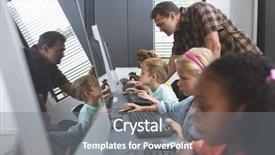  Presentation with computer room - Colorful presentation design enhanced with schoolteacher teaching to school kids backdrop and a gray colored foreground