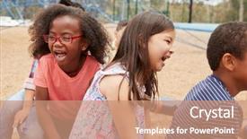  Presentation with technology and career day and elementary school - Colorful slide deck enhanced with schoolyard - elementary school kids playing backdrop and a coral colored foreground