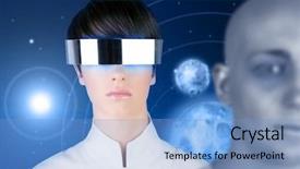  Presentation with futuristic glasses - Beautiful PPT theme featuring sci fi fantasy - silver futuristic glasses android woman backdrop and a light blue colored foreground