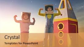  Presentation with family children - Beautiful slide deck featuring science - children in astronauts costumes backdrop and a yellow colored foreground