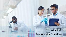  Presentation with african american - Slides enhanced with science - concentrated asian female laboratory scientist background and a light blue colored foreground