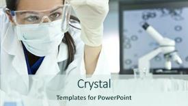  Presentation with test tube laboratory - Cool new slide deck with science - female medical or scientific researcher backdrop and a sky blue colored foreground