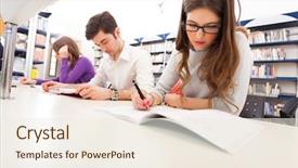  Presentation with students - PPT theme enhanced with science - group of students at work background and a sky blue colored foreground