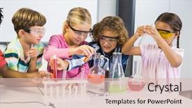  Presentation with kids doing science - Amazing slide deck having science - kids doing a chemical experiment backdrop and a lemonade colored foreground