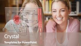  Presentation with college students and laptop - Slides consisting of science academic - two smiling students looking background and a coral colored foreground