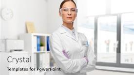  Presentation with lab coat - Colorful presentation theme enhanced with science-and-profession-concept-female backdrop and a light gray colored foreground