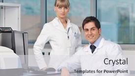  Presentation with biology - Presentation design consisting of science and research biology chemistry and medicine young people couple in bright modern lab background and a light gray colored foreground