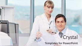  Presentation with biology - Audience pleasing slide set consisting of couple in bright modern lab backdrop and a sky blue colored foreground